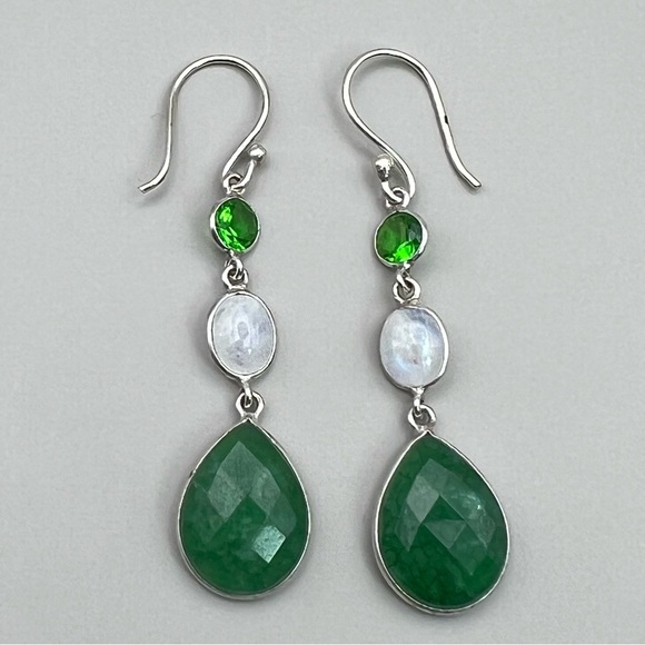 New Faceted Green Emerald and Moonstone Stone Silver Overlay Earrings - Picture 1 of 7